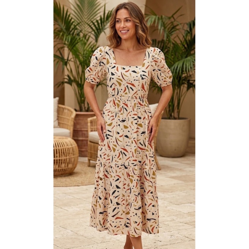 Japna | Women's Cream Abstract Print Puff Sleeve Smocked Midi Dress, Size S